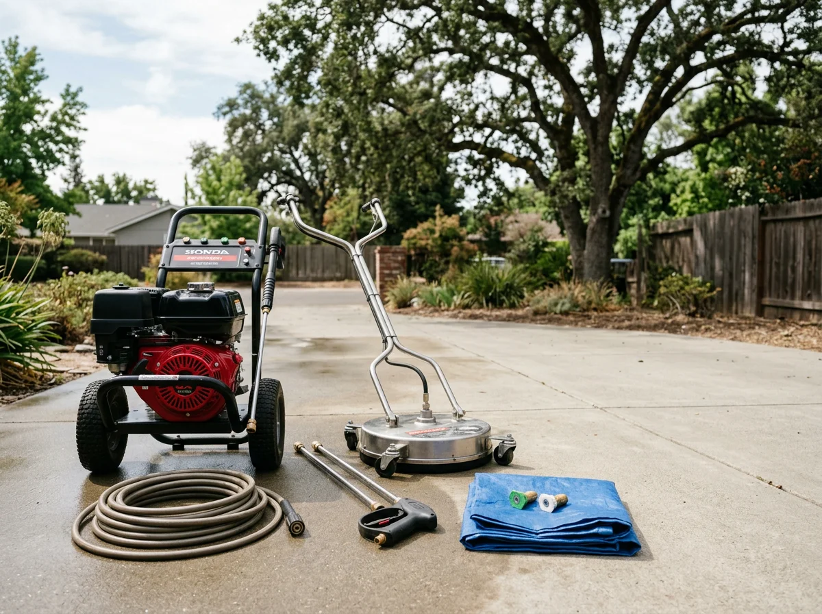 Pressure washing equipment and cleaning tools arranged for a job. The scene shows the hoses, wands, and gear our crew uses on exterior cleaning work.