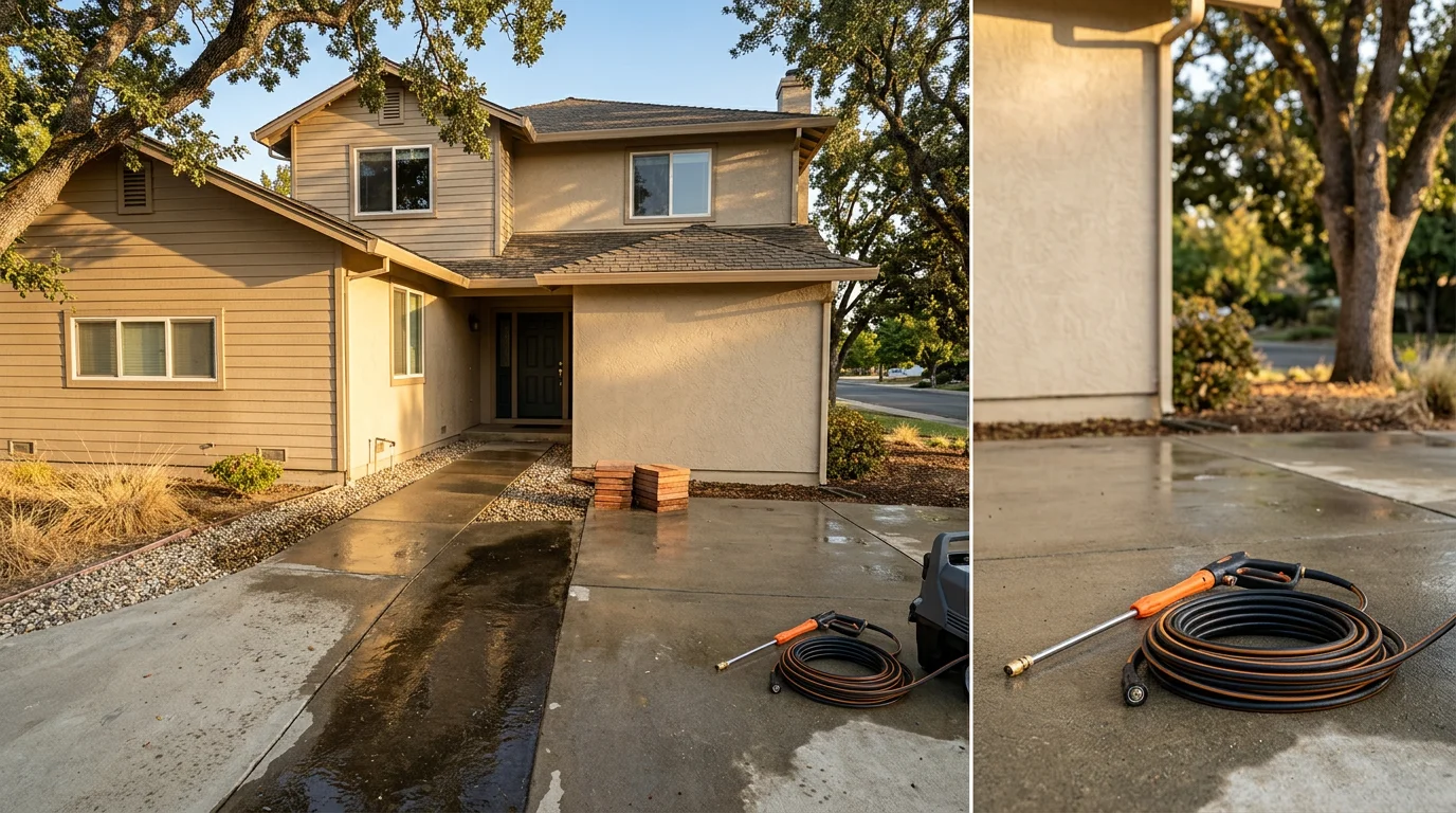 Pressure washing service cleaning a home exterior in Woodland, California