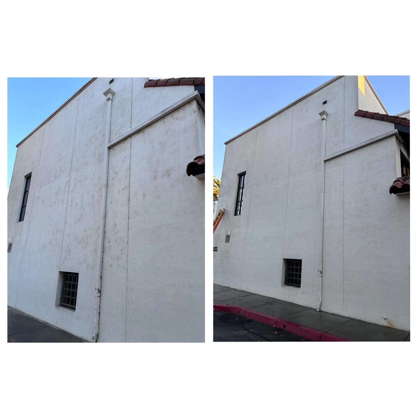 Before and after pressure washing of white textured stucco wall with terra cotta roof tile and metal downspout