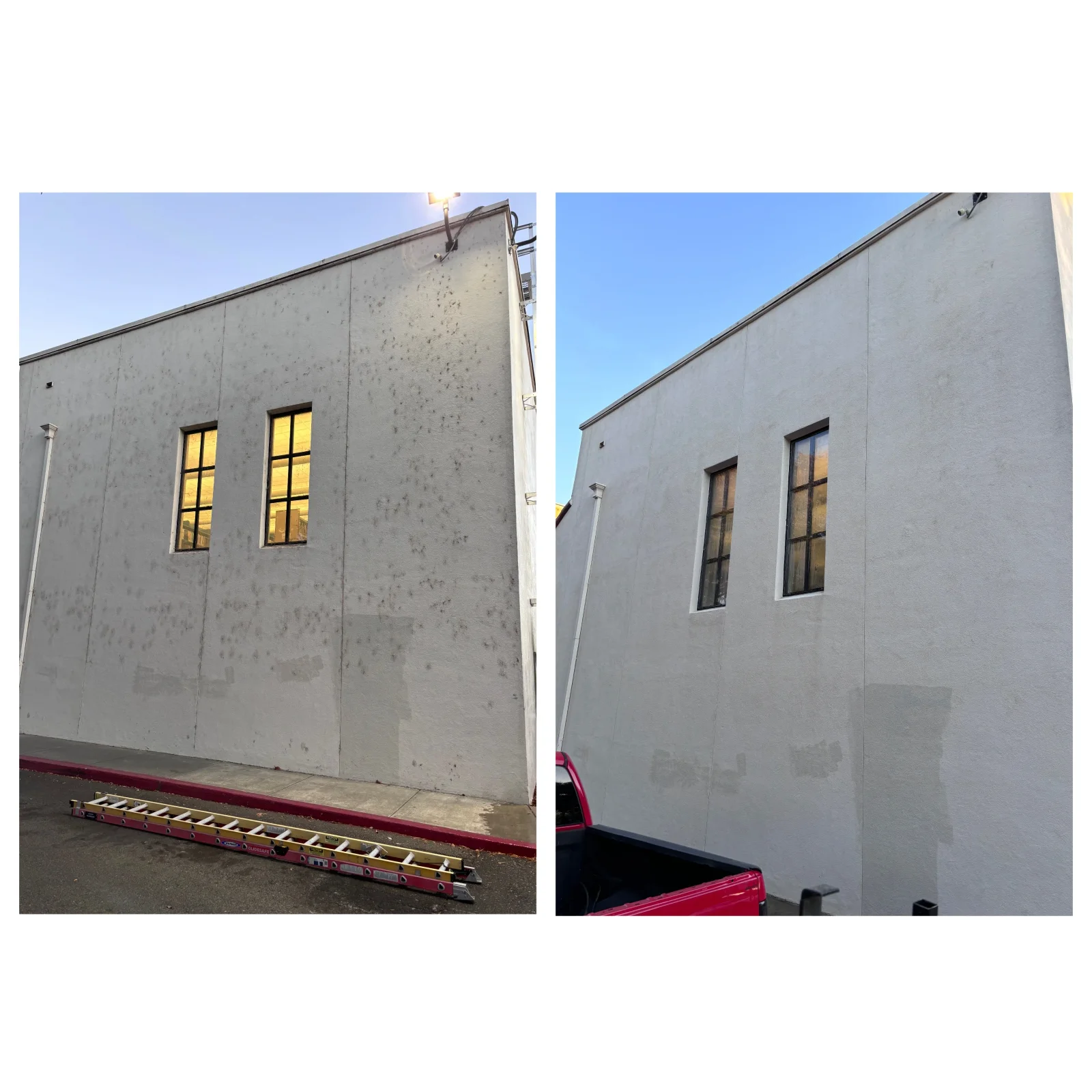 Before and after pressure washing of a light gray stucco wall with two framed windows, showing removal of dark speckled grime