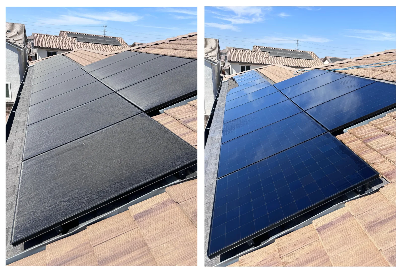 Before and after cleaning of rooftop solar panels with dirty dull glass on left and clean reflective blue panels on right