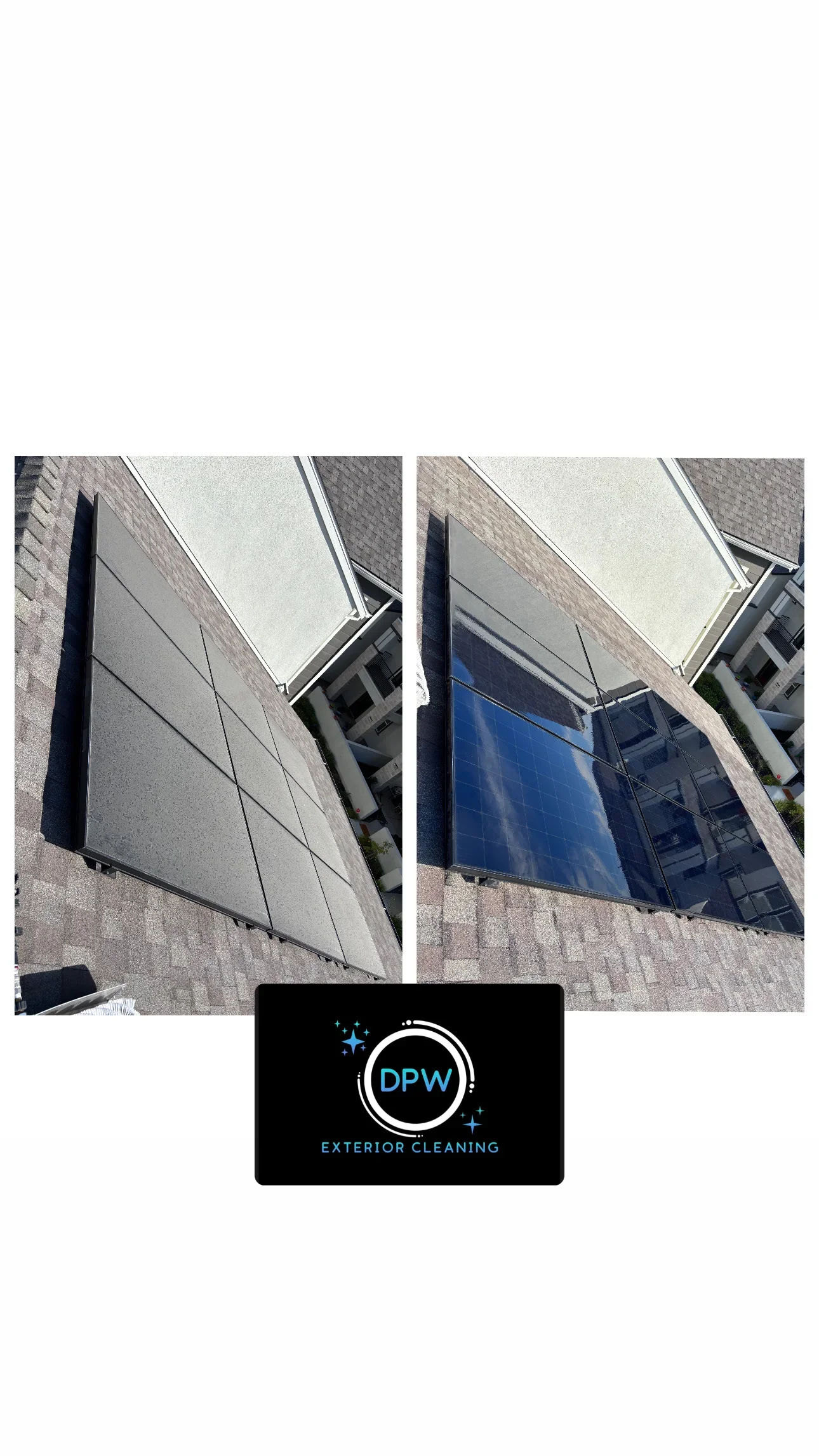 Before and after cleaning of a dark solar panel array on a shingle roof with stucco wall