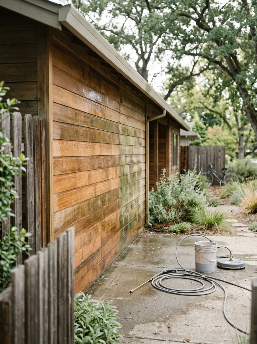 A house wash in progress on a wood-sided home in a Davis, CA neighborhood, with a shaded north-facing wall showing algae removal and a narrow driveway beside the property.