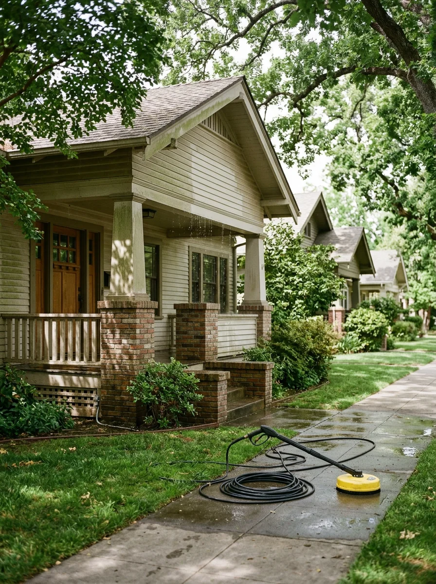 A house wash in progress on a 1930s Craftsman bungalow in East Sacramento, CA, with low-pressure spray removing algae and pollen film from wood siding on a tree-lined block.