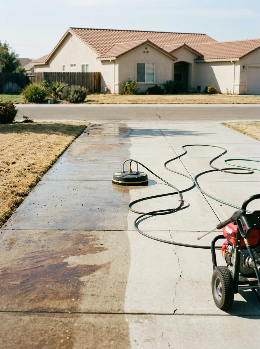 Close-up of a concrete driveway in Woodland, CA showing rust-brown tannin staining being removed by a surface cleaner attachment during a concrete wash service.