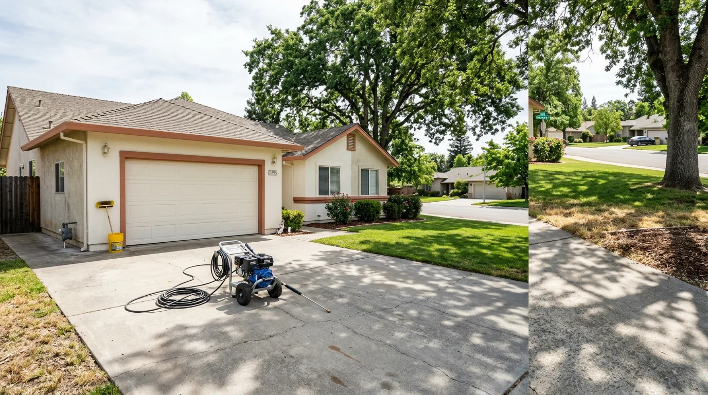A pressure washing technician cleaning a stucco home exterior in a Woodland, CA neighborhood, with a concrete driveway and mature oak tree visible in the background.
