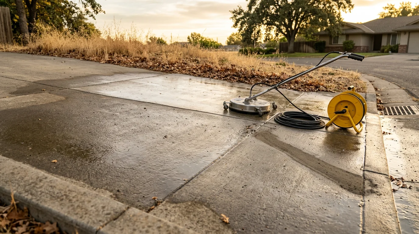 A concrete driveway in Woodland, California shown before and after professional pressure washing, with oil stains and gray grime removed to reveal clean, light-colored concrete. A residential home exterior is visible in the background.