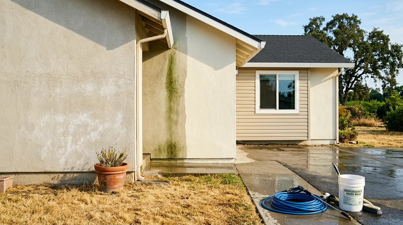 A Woodland, California home with clean vinyl siding after a professional soft wash service, showing no algae streaking or mildew staining on the exterior walls and trim. The house sits on a tree-lined residential street typical of the Woodland area.