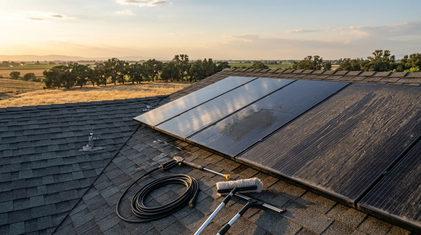 A technician cleaning dusty rooftop solar panels on a residential home in Woodland, California. The panels show visible agricultural dust and grime being removed to restore surface clarity.
